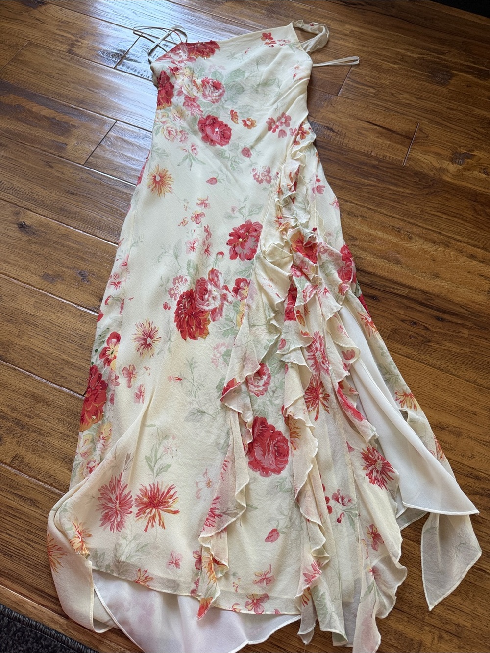 Express Cream Floral High-Low Ruffle Slip Dress with Red Bloom
